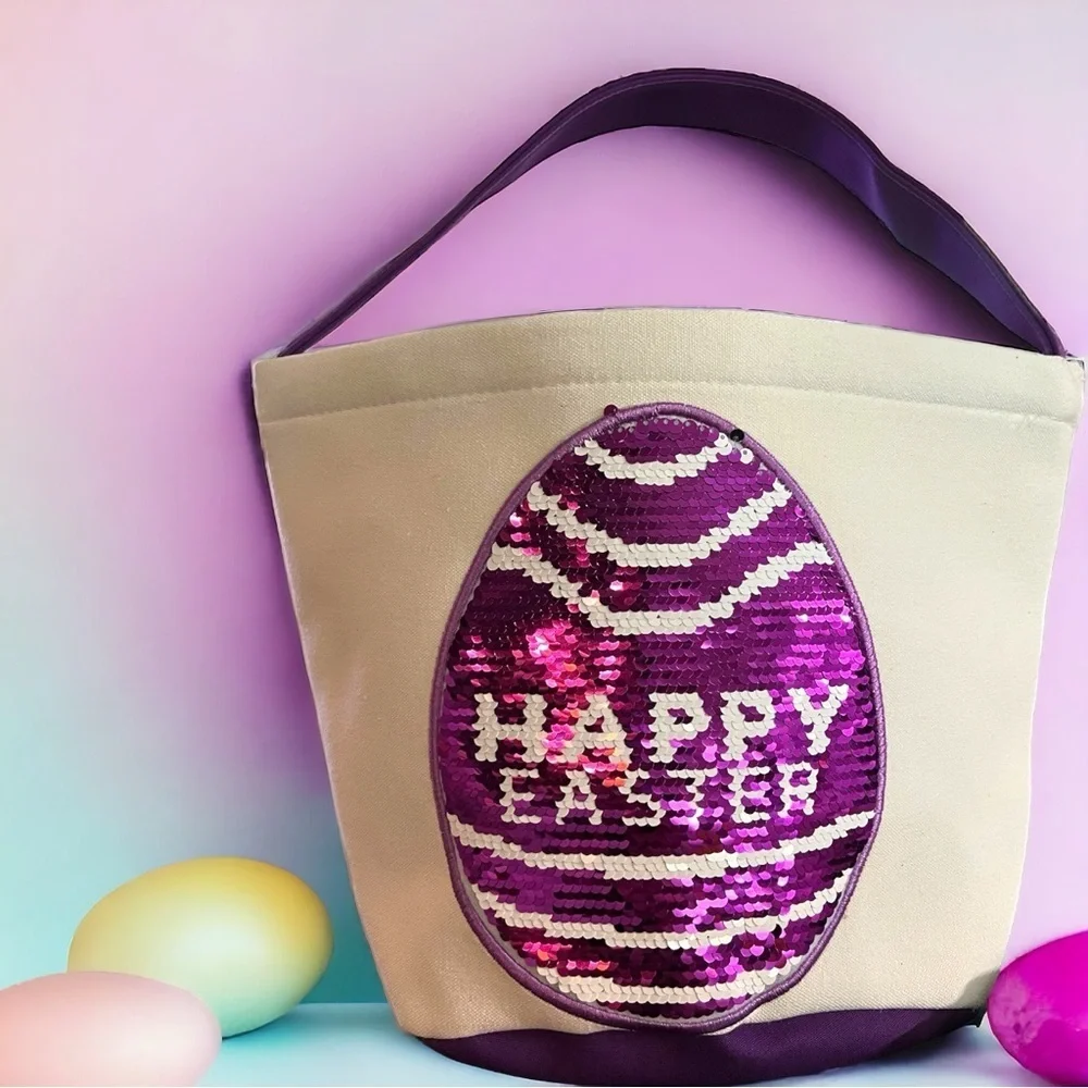 Purple Sequin Canvas Easter Basket for Kids: Personalized Bunny Tote